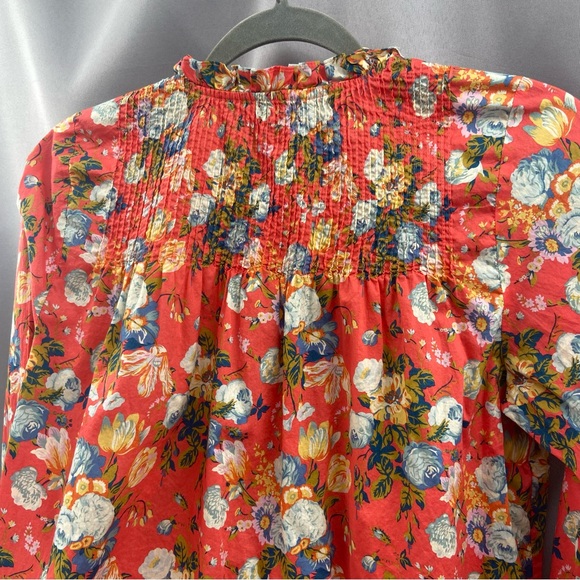 J.Crew Liberty Fabric Josephine Pintuck Popover Blouse Coral Floral Ruffle Neck - Picture 9 of 9